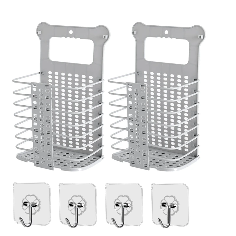 2 упаковки складная корзина для хранения, можно вешать с ручкой, удобная складная корзина, с 2 крючками, серый