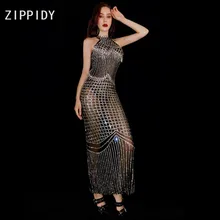 Блестящие Серебряные стразы, черное Сетчатое платье без рукавов, платье для выпускного вечера, дня рождения, празднования, вечерние платья для певицы