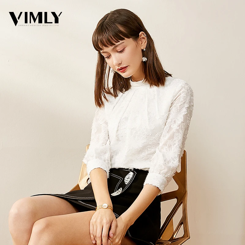 

Vimly Elegant Women White Black Lace Blouse Office Ladies Jacquard Chic shirts Spring Stylish Solid Blouses Tops High Street