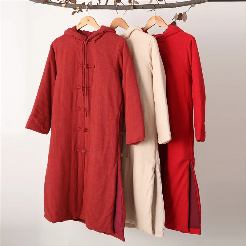 

New Style Retro National Wind Warm Coat Winter Mid-length Cotton-padded Jacket Cotton Linen Handmade Frog Cotton-padded Clothes