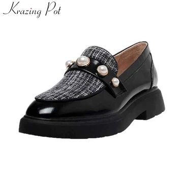

Krazing pot fashion brand basic mixed colors slip on loafers shoes pearl decorations round toe med heels women leisure pumps L11