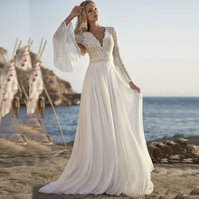 

Bohemian A Line Chiffon Wedding Dresses 2021 V Neck Long Sleeve Lace Applique Backless For Women Robe De Mariage Bridal Gown