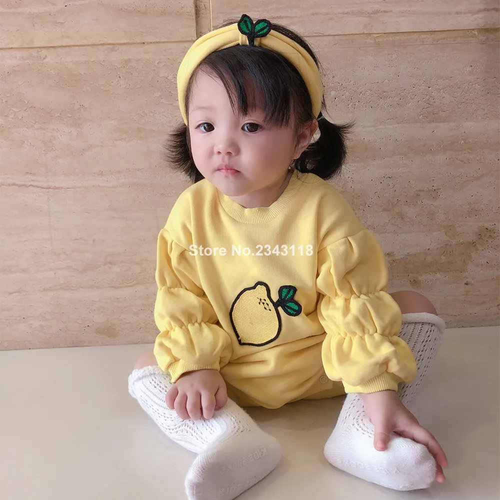 Весенне-осенние милые Боди с длинными рукавами и лимонами для маленьких девочек, детская повязка для головы, повседневная униформа-комбинезон из чистого хлопка для детей
