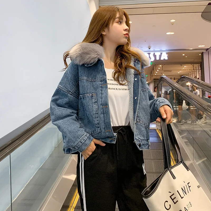 

Photo Shoot New Style Autumn And Winter Hong Kong Style CHIC Fur Collar plus Velvet Jeans Coat Women's Loose-Fit Thick Short Jac