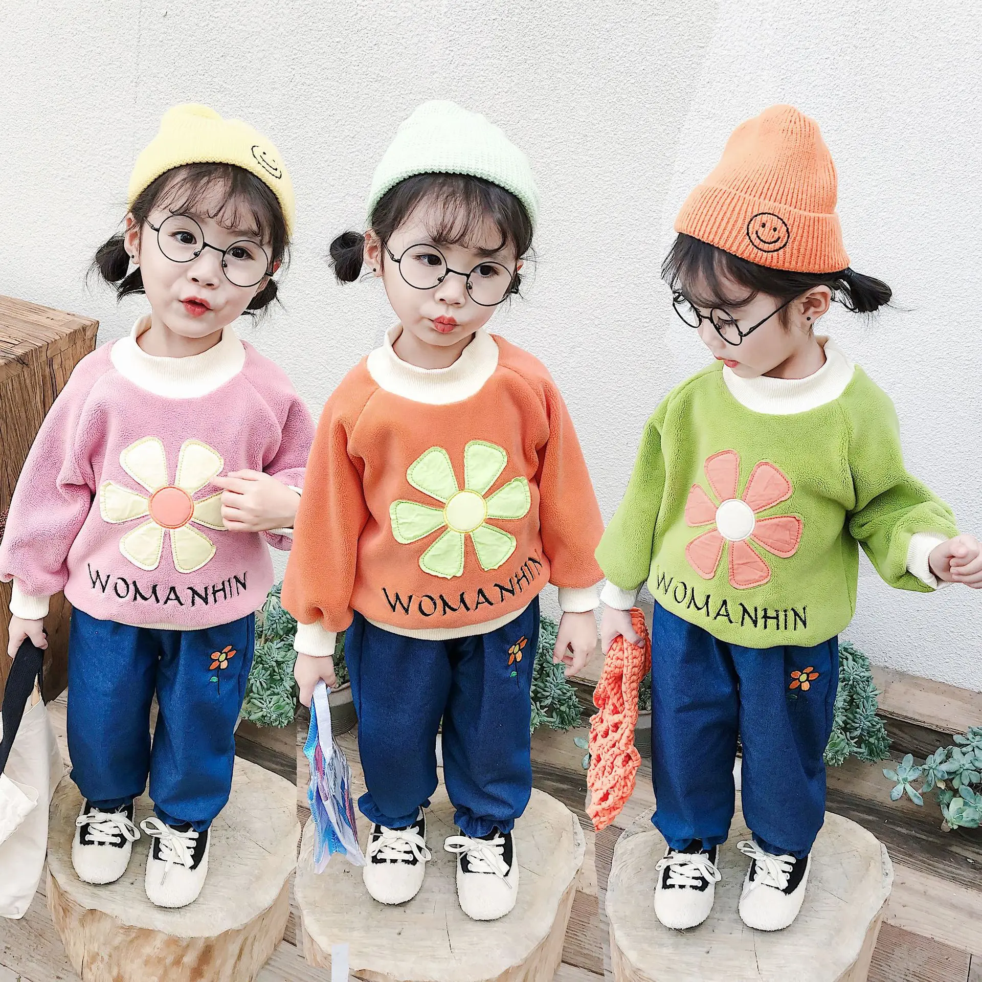 

2019 Girls Autumn And Winter Set Flower Hoodie Case Little Girl Korean-style Cute New Style Children Western Style Two Case