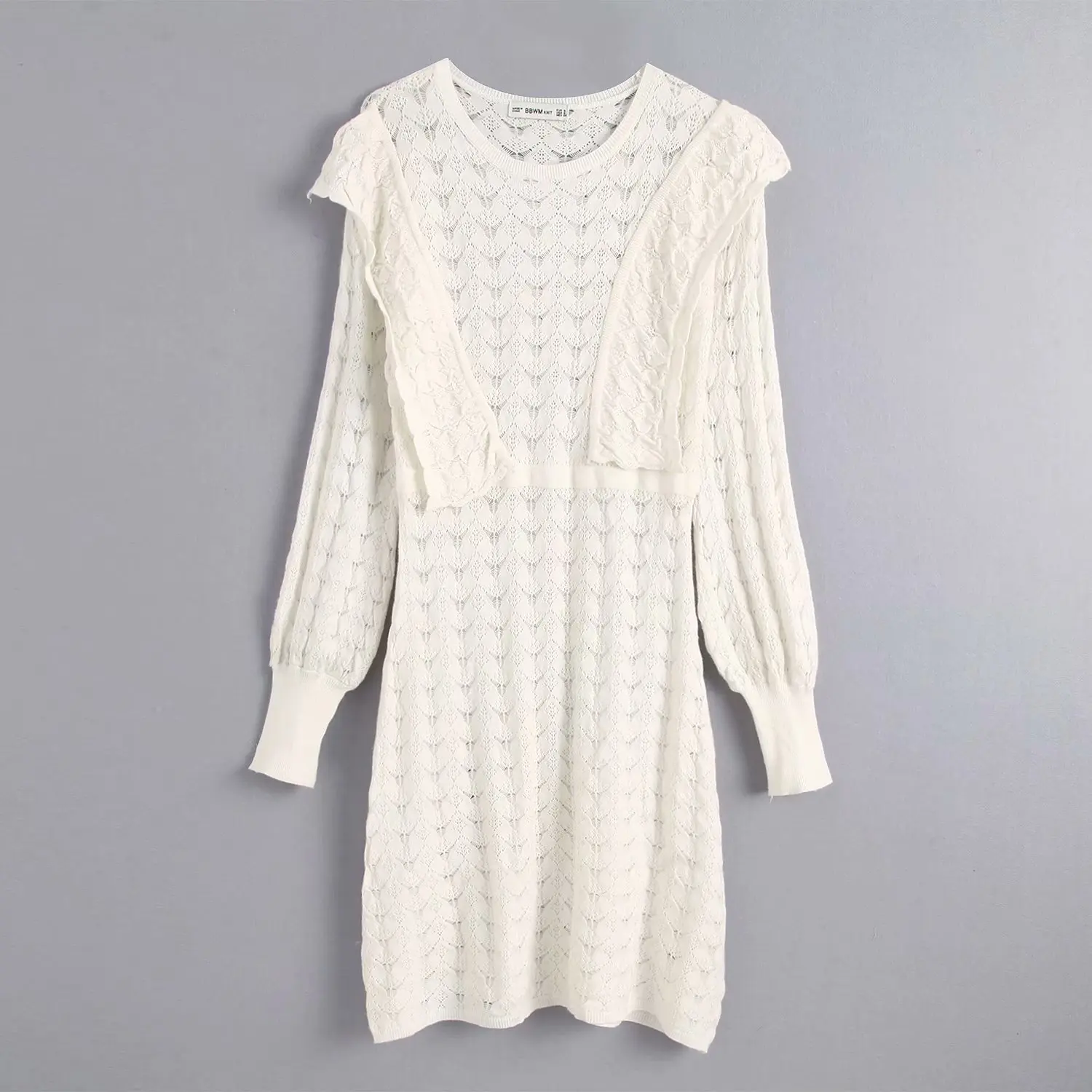 

2019 Autumn Europe And America CHIC Flounced Joint Jacquard Hollow out Slim Fit Slimming Mid-length Jersey Dress Women's