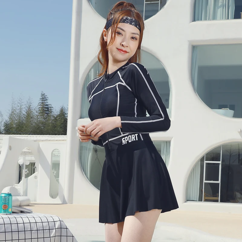 Traje De Bano De Manga Larga Para Mujer Traje De Bano Coreano De Una Pieza Con Falda Para Surfear Proteccion Uv Bodis Aliexpress