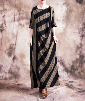 

Spring Autumn Cotton and Linen Vintage Women Dress Original Loose Classic Stripe Patchwork Long Maxi Robe Dresses