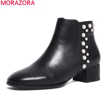 

MORAZORA 2020 Big size 33-44 fashion women boots simple med heels square toe ladies shoes genuine leather winter ankle boots