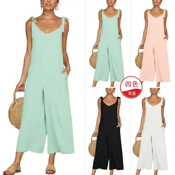 

New Women Summer 2019 Casual Loose Straight Lacing V-Neck Sleeveless Long Pants Jumpsuit Ladies Solid Pocket Cotton Jumpsuits