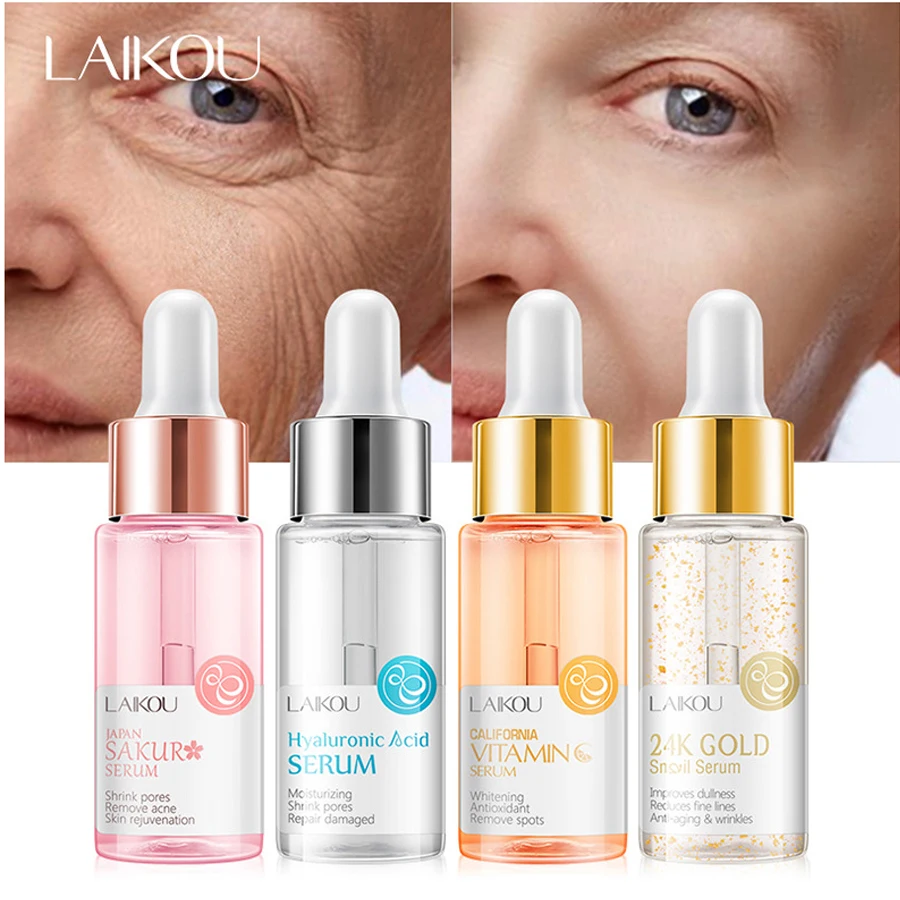 LAIKOU 15ml Original Serum Sakura Anti Aging Hyaluronic Acid Pure 24K Gold Whitening Vitamin C Essence Skin Care Face Serums