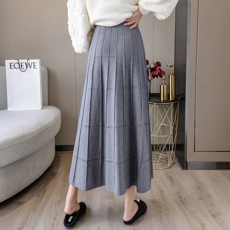 Faldas largas para mujer, suéter elástico, estilo Swing, elegante, color café y gris, _ - AliExpress