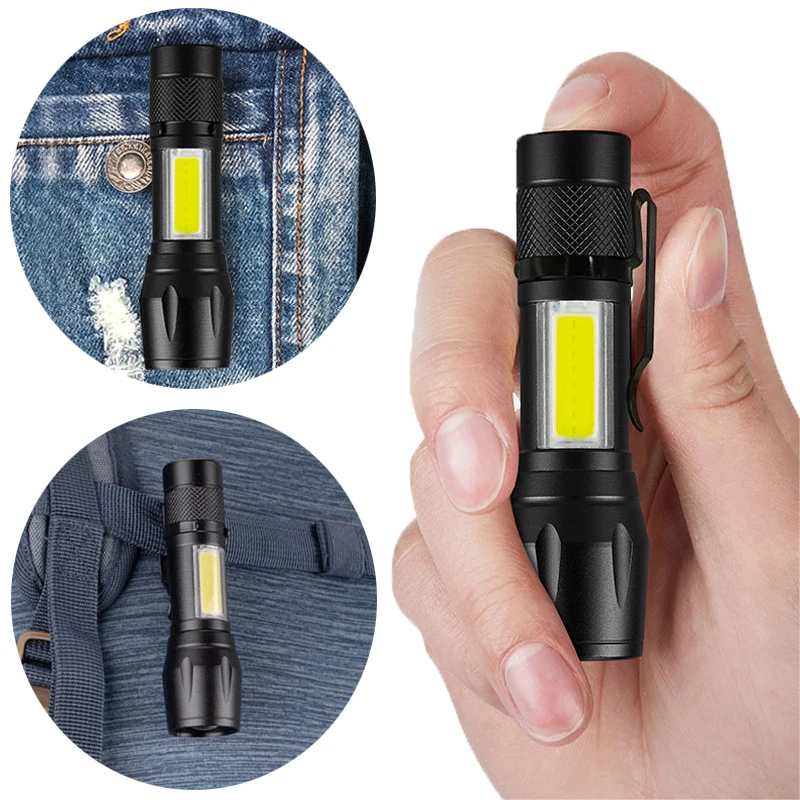 

LED flashlight COB super bright rechargeable zoom flashlight with side light pocket flashlight LED work light emergency lighting