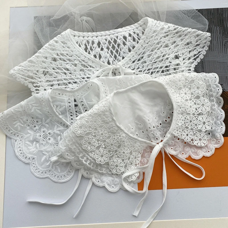

Sunscreen Detachable Doll Fake Collar Shawl Wrap Sheer Mesh Embroidery Floral Lace Necklace Mini Cape Half Accessories