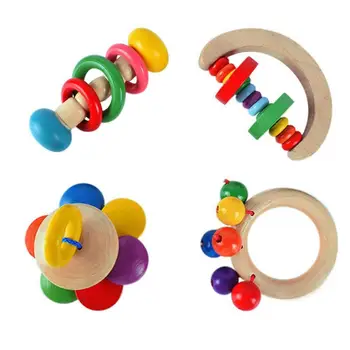 

4pcs Wooden Hand Ring Bell Combination Baby Rattles Funny Kid Bed Rattles Grasping Toy Musical Intelligence Education Gift Toys