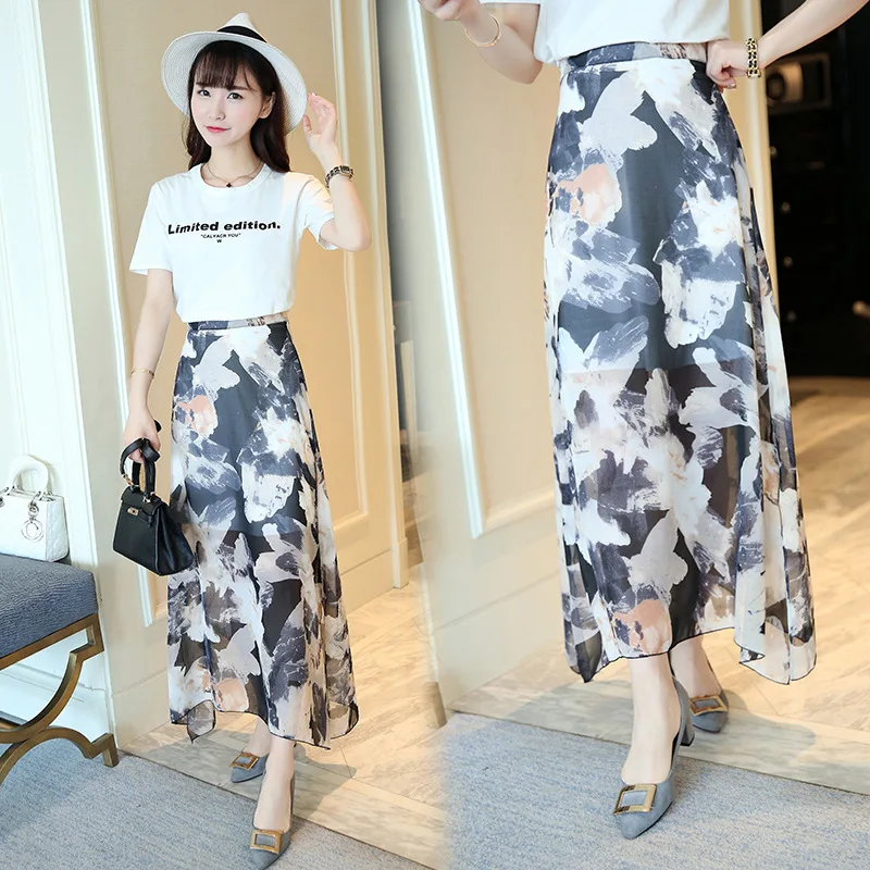 

Korean-style Retro Side Slit Ink Flower Chiffon Maxi Dress