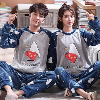 

2020 Winter Couple Pajamas Warm Thicken Sleepwear Cute Cartoon Male Home Clothes Hooded Pyjamas Suits Lovers Sleep Lounge Sets