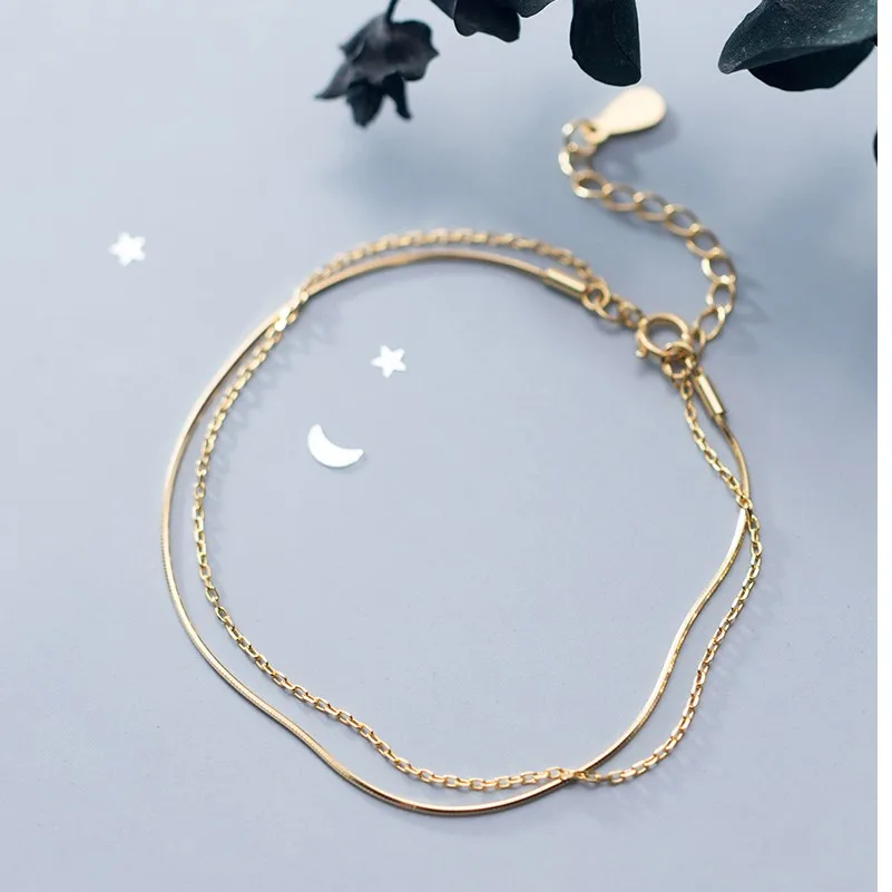 100% 925 Sterling Silver Double Layer Gold Color Plated Snake Chain Charm Bracelets Fine jewelry for Women Girls | Украшения и