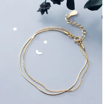 

100% 925 Sterling Silver Double Layer Gold Color Plated Snake Chain Charm Bracelets Fine jewelry for Women Girls