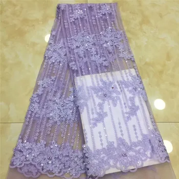 

purple Latest French Nigerian beads Laces Fabrics High Quality African Laces Fabric Wedding Glued glitter sequins Tulle Lace