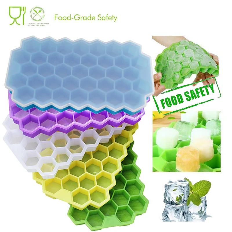 1Pc Silicone Maker 37 Celle Vassoi Per Ghiaccio A Nido D'Ape Estivi Con Coperchi Rimovibili Forme Stampo Per Alimenti Per Cocktail Di Whisky