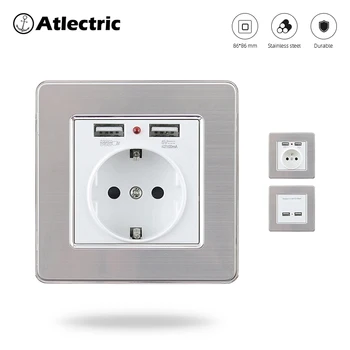 

Atlectric EU France Dual USB Outlet Port Wall Charger Adapter Standard LED Indicator 16A Power Socket Stainless Steel Panel
