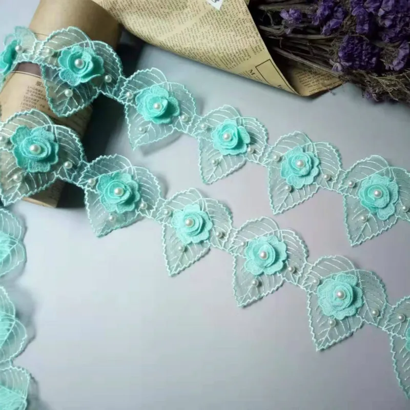 

1 Yard Green 3D Pearl Flower Heart Leaf Embroidered Net Lace Trim Ribbon Applique Patchwork Handmade Wedding Dress Sewing Craft