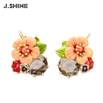 

J.Shine Luxury Fashion Enamel Spring Flowers Piercing Earrings Round Crystal Drop Earrings for Women Wedding Jewelry
