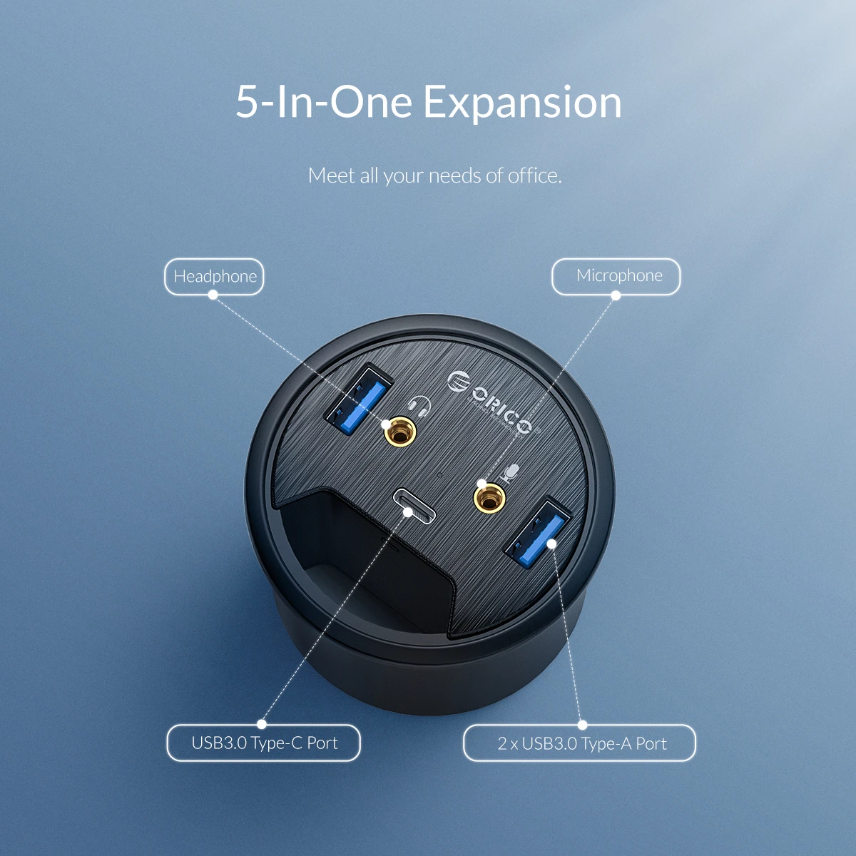 ORICO 5 Ports USB HUB High Speed 5Gbps Desktop Grommet With USB 3 0 Headphone Microphone Type C Port Adapter For PC Laptop