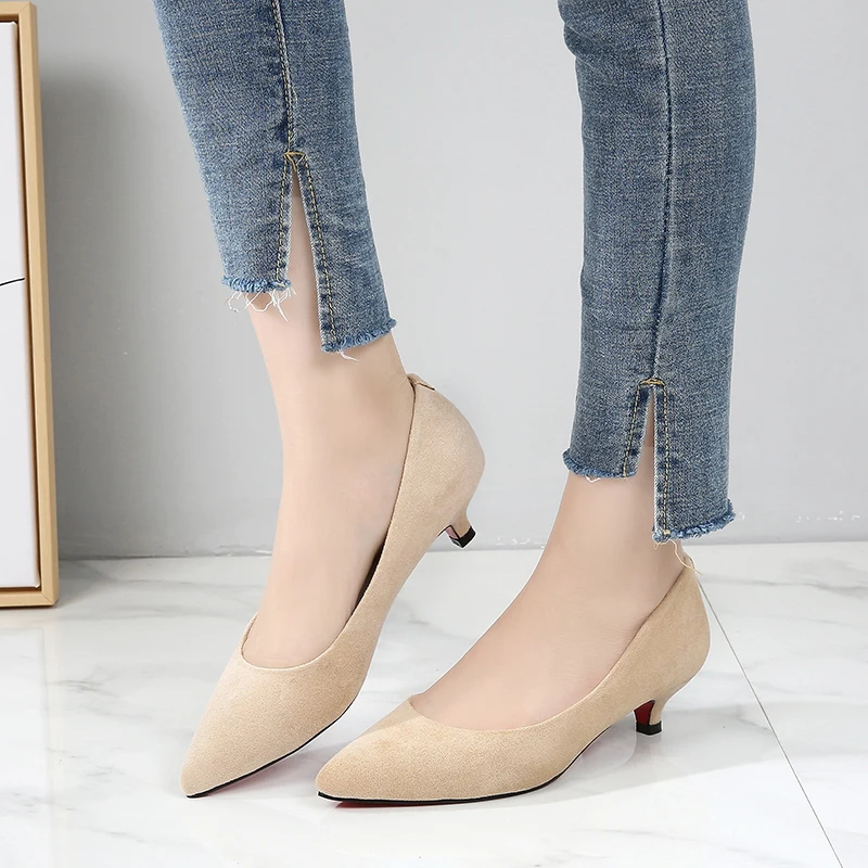 Big Size 34-43 Woman Shoes Flock Leather Med High Heels Women Pumps Stiletto Women's Work Shoes Pointed Toe Wedding Shoes F0004 5