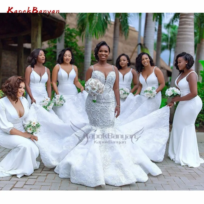 Роскошное Свадебное платье русалки с жемчугом и бусинами на тонких бретельках, черные кружевные свадебные платья для девушек размера плюс - Цвет: White