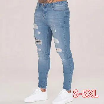 

Mens Ripped Jeans for men Casual Black Blue Skinny slim Fit Denim Pants Biker Hip Hop Jeans with sexy Hole Denim Pants