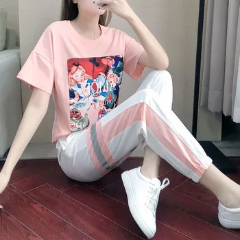 

2020 fashion new summer two piece set top and pants break nine-point pants loose thin two piece set women clothes yellow pink