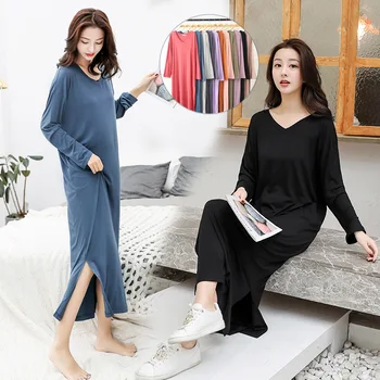 

Spring and Summer Modal Long-sleeved Nightdress Women Loose Plus Size Sleep Tops 100kg Home Clothes Can Outside Wear Night Dress