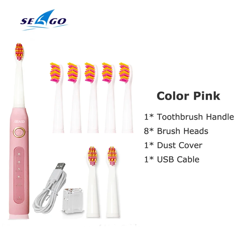 SG Pink 8 Heads Звуковая электрическая зубная щетка для взрослых, перезаряжаемая электрическая зубная щетка, умный таймер, отбеливающая щетка для зубов, Массажная резинка, полностью водонепроницаемая - Цвет: SG Pink 8 Heads