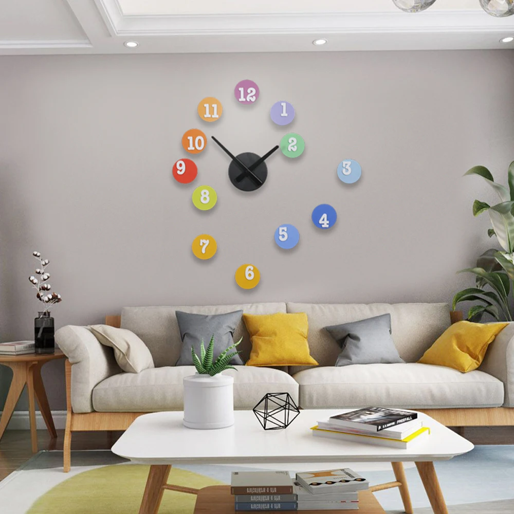 

GH DIY Rainbow Colorful Wall Clock Modern Design Silent Sticker 3D Living Room Watch Large Decorative Wall Clocks Home Decor