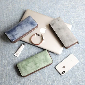 

Special Wipe Wax Leather Long Zipper Fashion Women Men Wallet Vintage Style Unisex Genuine Leather Purse Clutch Card Holder