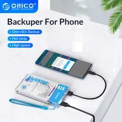 Orico backup costuper para celular, suporte 4tb, capacidade 5gbps sata para porta usb c, um toque, backup/excluir para viagens, festas, trabalho