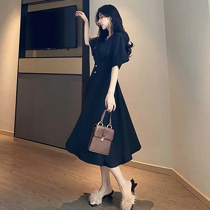 Elegant For Female Office One-Piece Dress 2020 New Summer Vintage V-Neck Waist Dresses Women Party Holiday Long Dress Vestidos