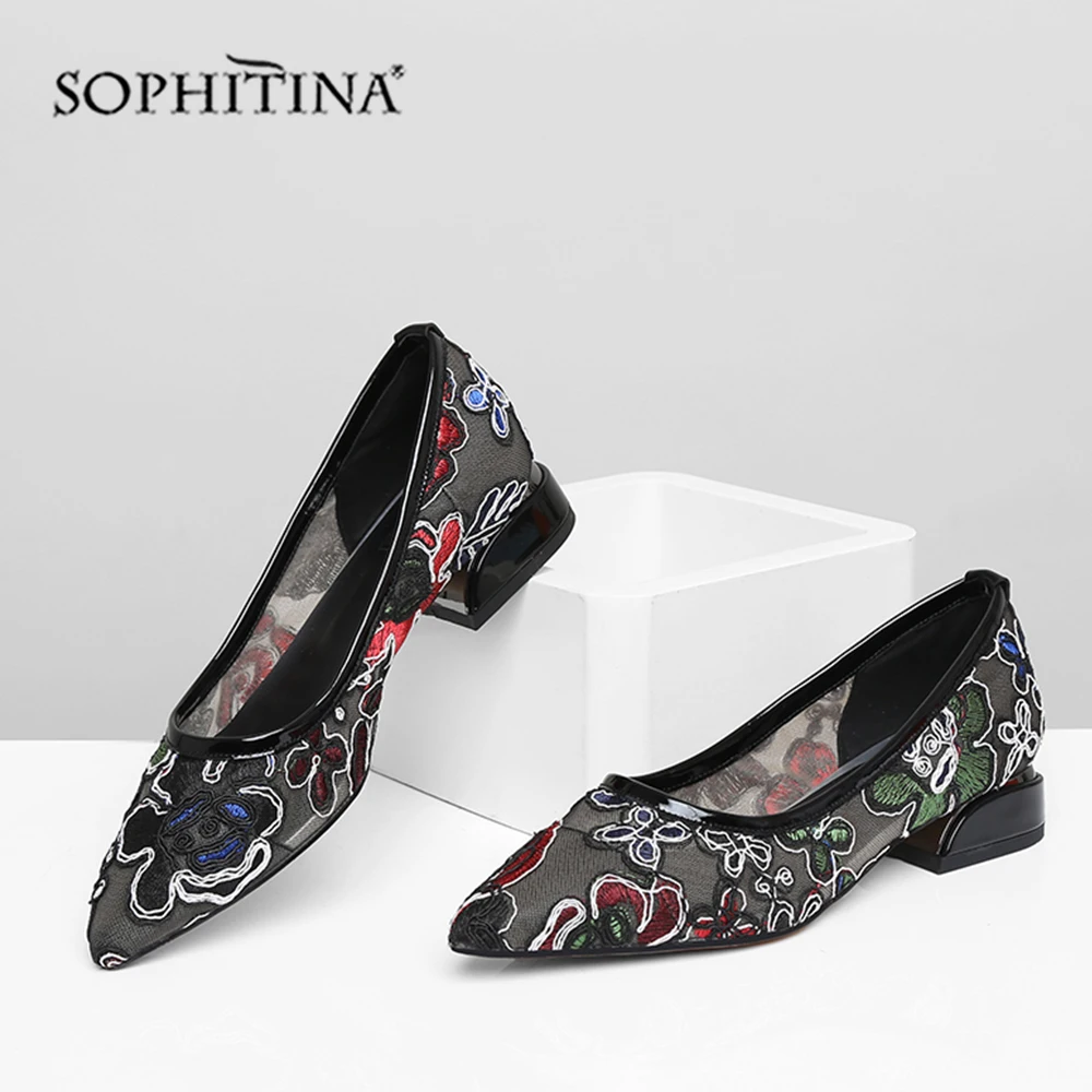 Женские туфли на низком квадратном каблуке SOPHITINA заостренный носок вышивка