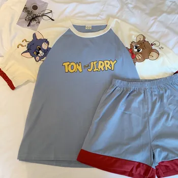 

Cartoon Pajama For Women 2 pieces set Cute Cat and Mouse Pyjama Short Sleeve T Shirt And Shorts Female Homewear Girls Gift