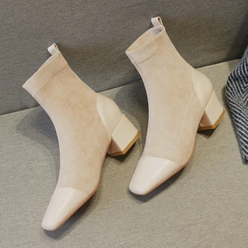 

Patchwork genuine Leather square Toe Ladies Ankle Boots slip-on Thick Heels Pumps Winter New Party Casual Shoes Woman
