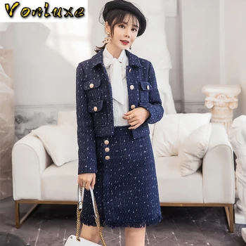 

Autumn Winter Long Sleeve Jacket Coat Blazer Plaid Tweed Mini Skirt Suits Women 2 Pieces Sets Elegant Office Ladies Outerwear