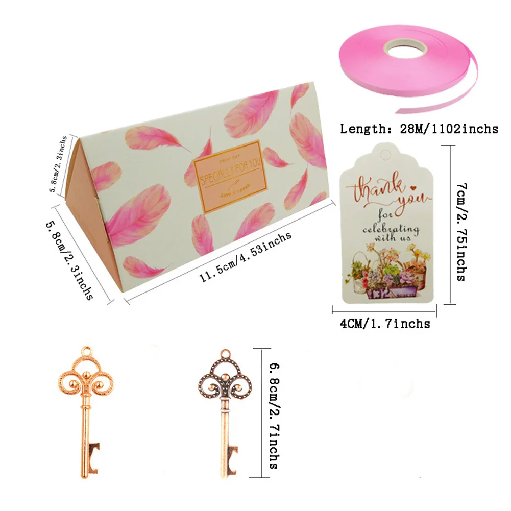 20pcs Triangular Feather Print Ribbons Candy Box Gifts Paper Elegant Card Wedding With Bottle Holder Keys Party Decoration
