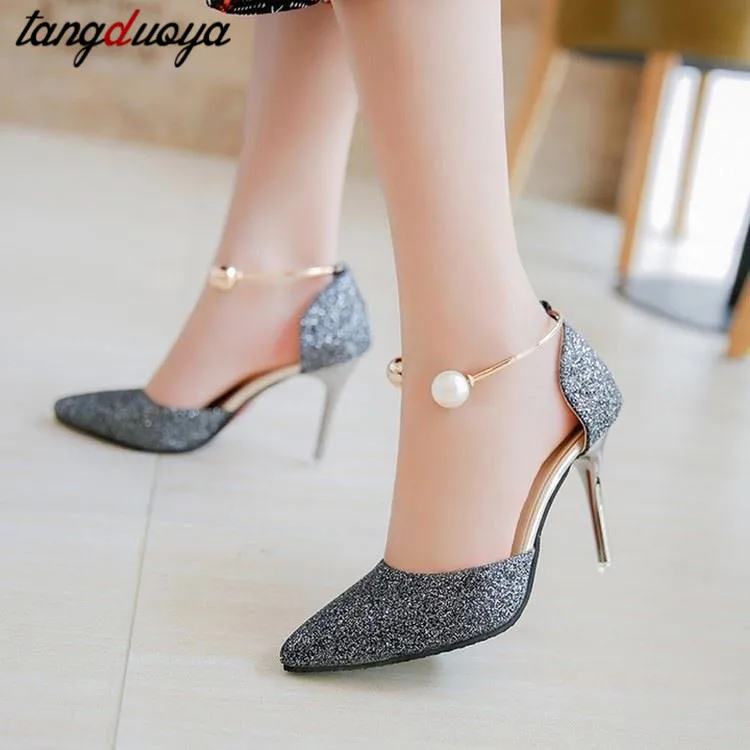 

High heel women golden high heels pearl ankle strap high heels 2020 sexy wedding shoes high heels pointed toe women's shoes