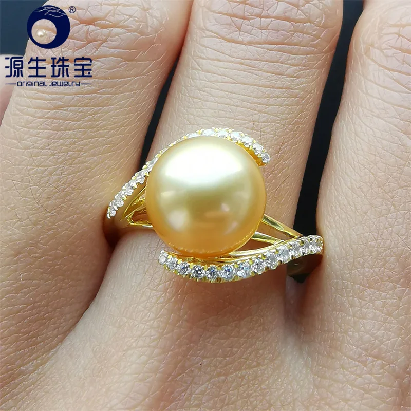 

YS 9-10mm Natural Gold South Sea Cultured Pearl Ring 925 Sterlng Silver Pearl Ring For Women Girl Fine Jewelry