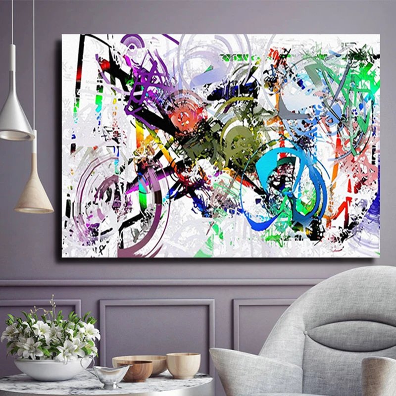 

OUCAG Abstract City Graffiti Bicycle Pop Art Painting Contemporary Creative Unframed Canvas Poster Graphic Picture Home Decor