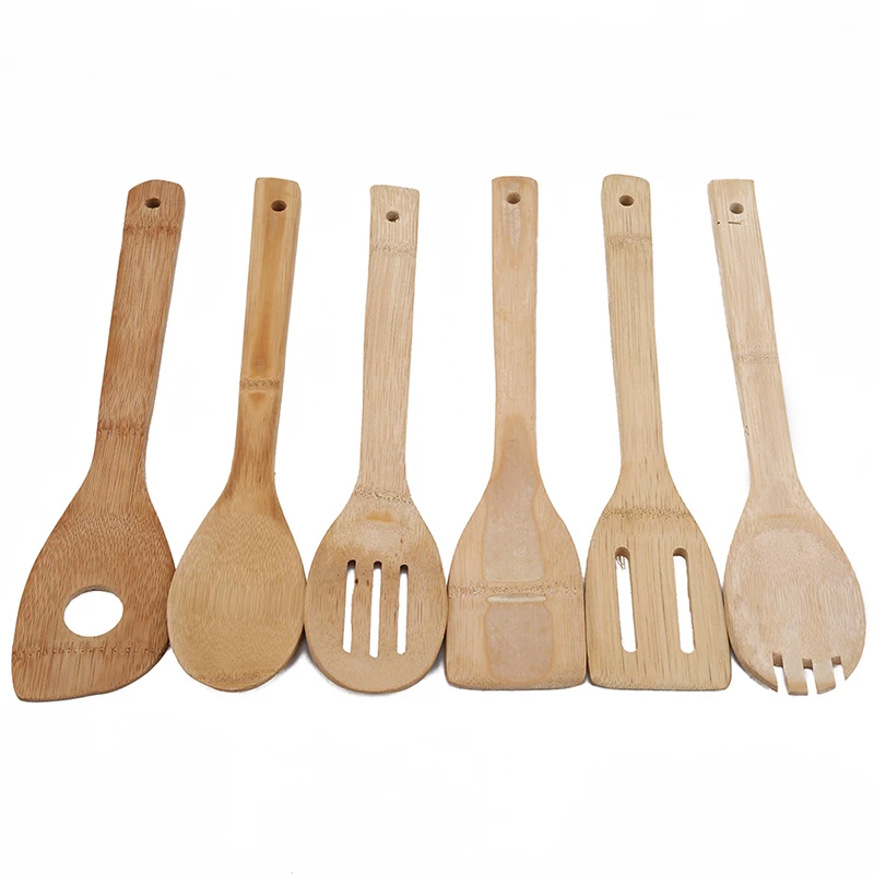 Cooking Tools Set Natural Bamboo Spoon Spatula Cooking Tools Kitchen Tools Long-handled Nonstick Kitchen Utensil 6Pcs/Set