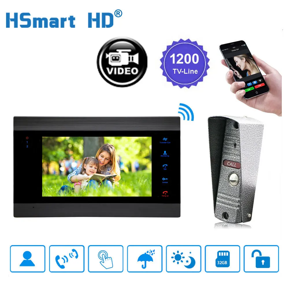 7" Wireless WiFi LCD Video Doorphone HD 720P 1200TVL IR IP65 Outdoor Metal Camera APP Video Record Doorbell Intercom System - Цвет: HD-706WB-P01