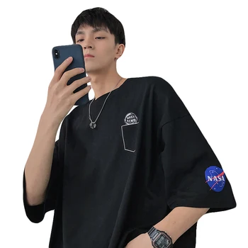 

Casual Korean T Shirt Summer Letters Prined Stylish Loose Simple Hip Hop Half Sleeve Streetwear Japanese Men Clothing EE5DX